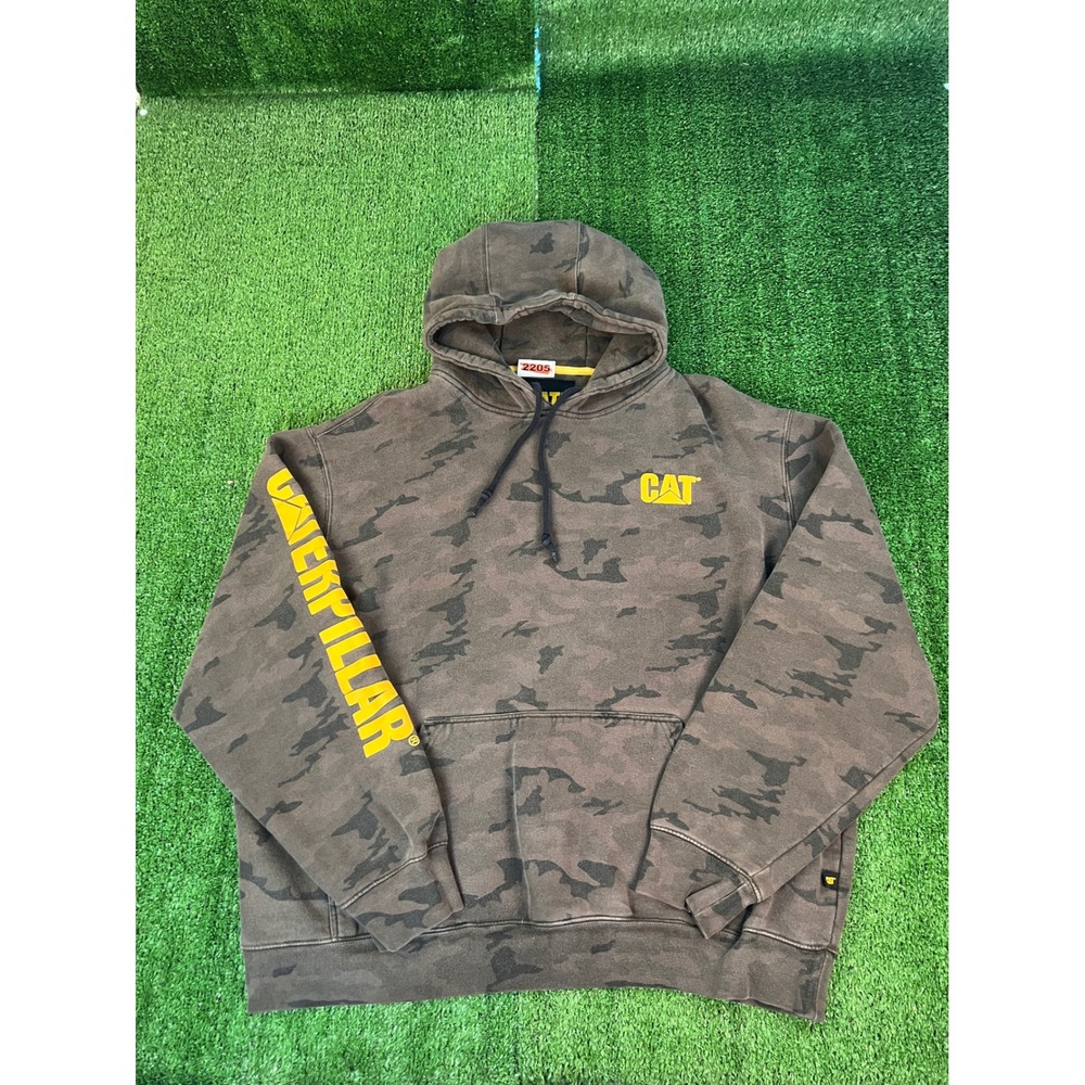 Caterpillar Mens Camo Logo Hoodie Pullover Workwear Green Brown Heavy XXL